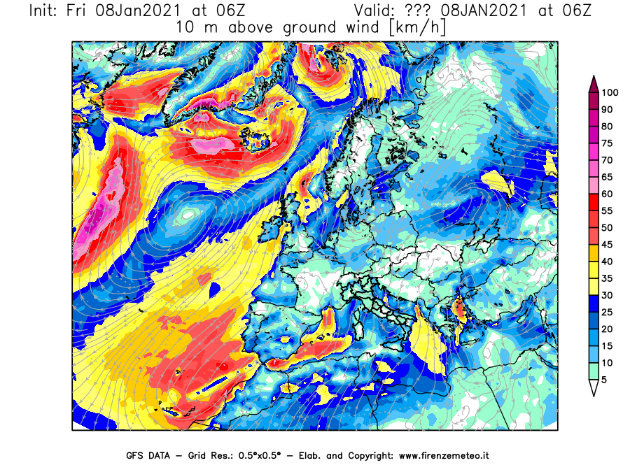 Mappa di analisi GFS - Velocità del vento a 10 metri dal suolo [km/h] in Europa
							del 08/01/2021 06 <!--googleoff: index-->UTC<!--googleon: index-->