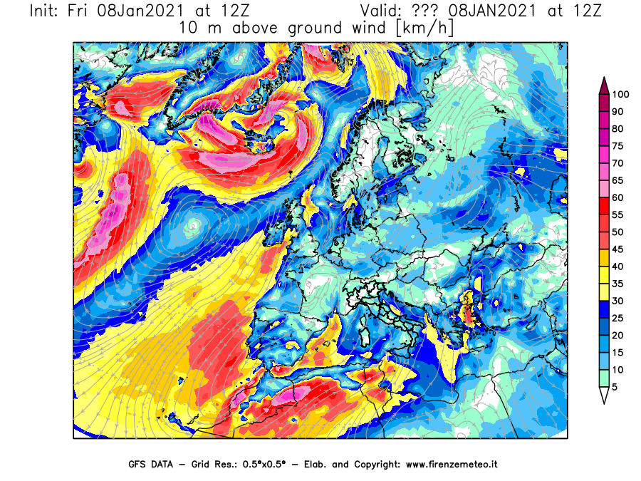 Mappa di analisi GFS - Velocità del vento a 10 metri dal suolo [km/h] in Europa
							del 08/01/2021 12 <!--googleoff: index-->UTC<!--googleon: index-->