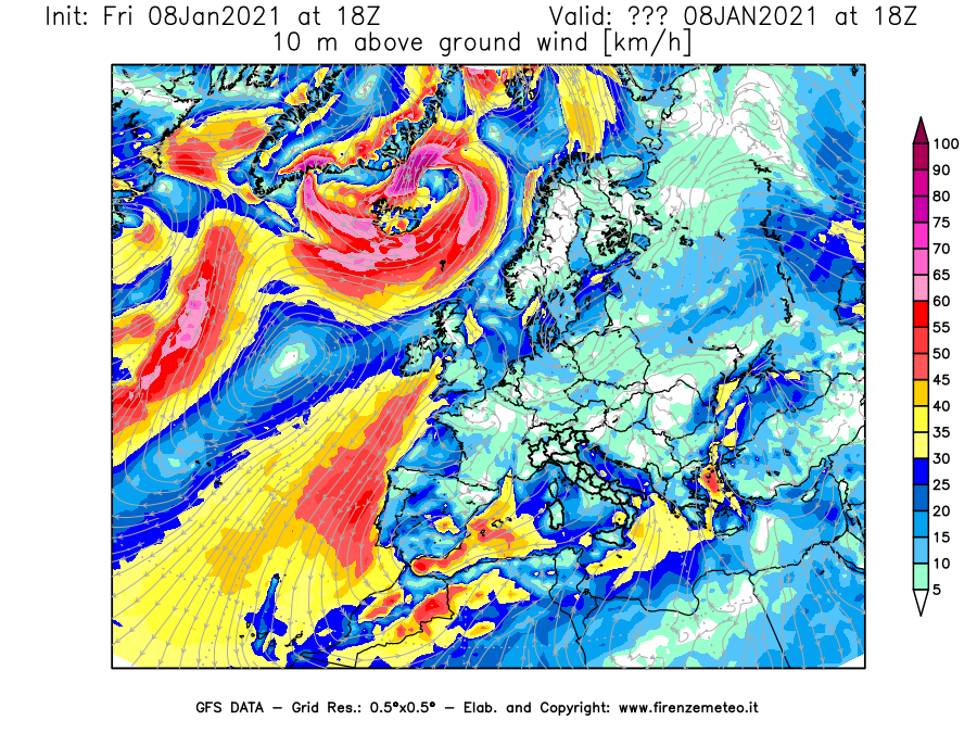 Mappa di analisi GFS - Velocità del vento a 10 metri dal suolo [km/h] in Europa
							del 08/01/2021 18 <!--googleoff: index-->UTC<!--googleon: index-->