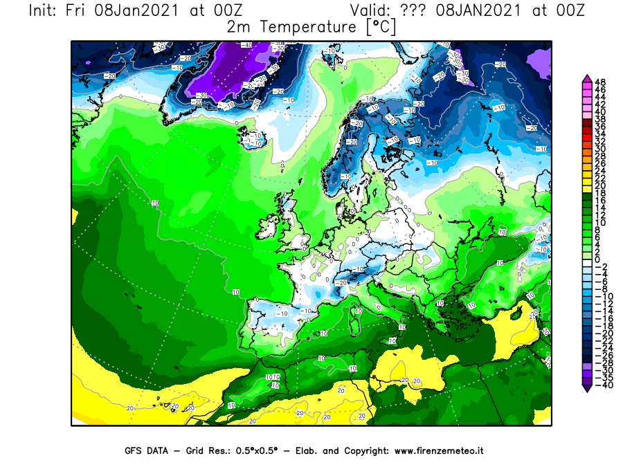 Mappa di analisi GFS - Temperatura a 2 metri dal suolo [°C] in Europa
							del 08/01/2021 00 <!--googleoff: index-->UTC<!--googleon: index-->