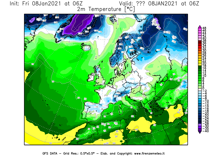 Mappa di analisi GFS - Temperatura a 2 metri dal suolo [°C] in Europa
							del 08/01/2021 06 <!--googleoff: index-->UTC<!--googleon: index-->