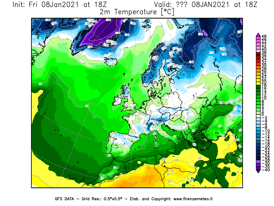 Mappa di analisi GFS - Temperatura a 2 metri dal suolo [°C] in Europa
							del 08/01/2021 18 <!--googleoff: index-->UTC<!--googleon: index-->