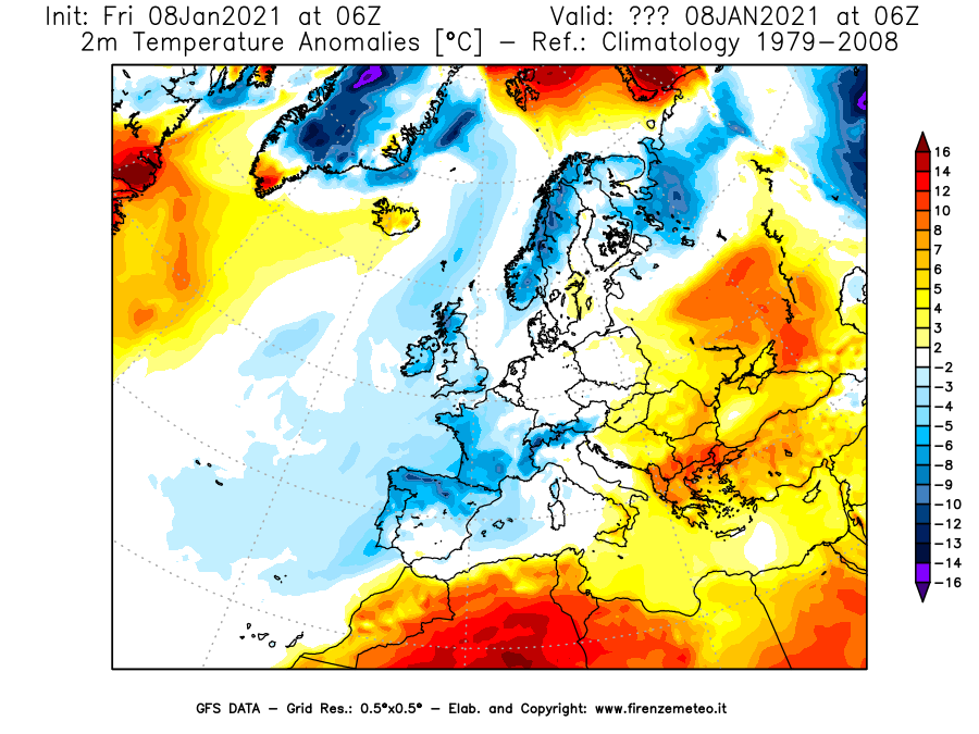 Mappa di analisi GFS - Anomalia Temperatura [°C] a 2 m in Europa
							del 08/01/2021 06 <!--googleoff: index-->UTC<!--googleon: index-->