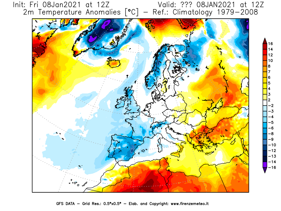 Mappa di analisi GFS - Anomalia Temperatura [°C] a 2 m in Europa
							del 08/01/2021 12 <!--googleoff: index-->UTC<!--googleon: index-->