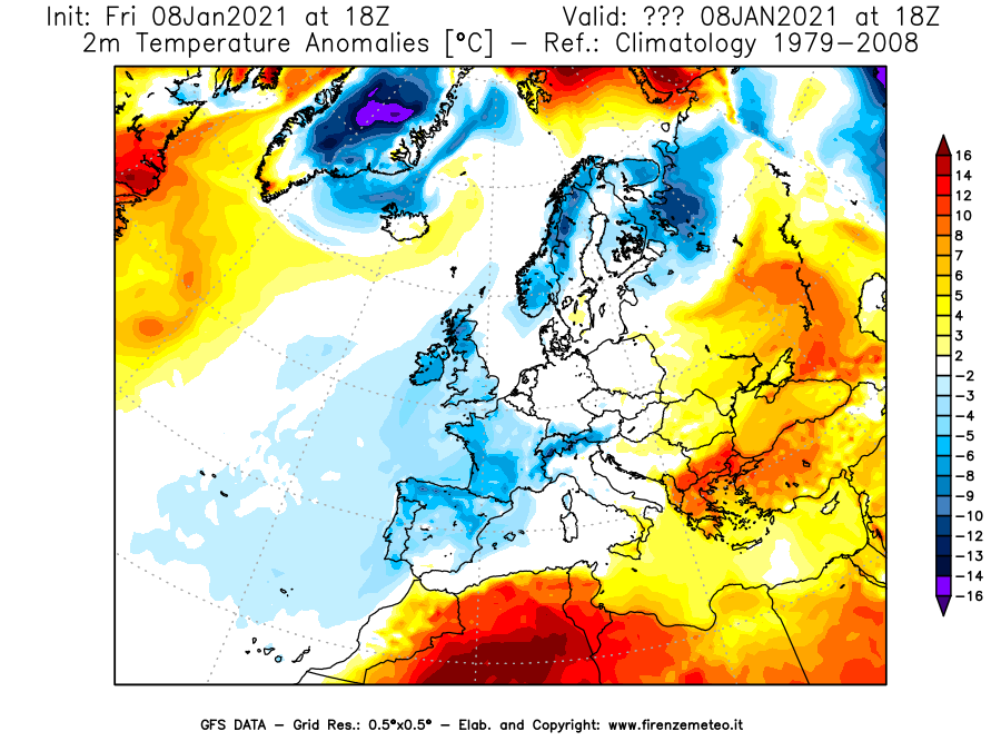 Mappa di analisi GFS - Anomalia Temperatura [°C] a 2 m in Europa
							del 08/01/2021 18 <!--googleoff: index-->UTC<!--googleon: index-->