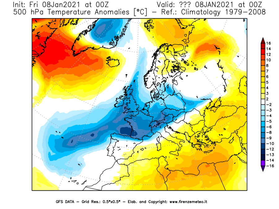 Mappa di analisi GFS - Anomalia Temperatura [°C] a 500 hPa in Europa
							del 08/01/2021 00 <!--googleoff: index-->UTC<!--googleon: index-->