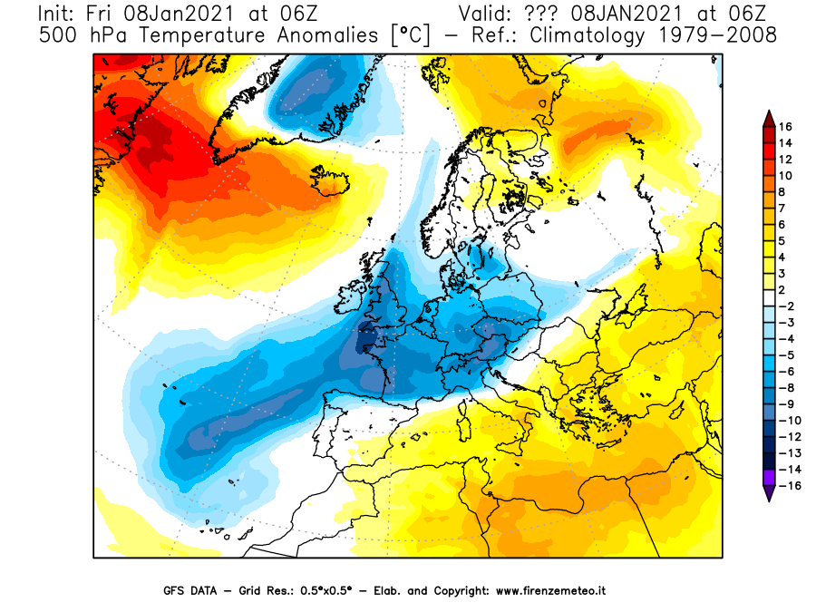 Mappa di analisi GFS - Anomalia Temperatura [°C] a 500 hPa in Europa
							del 08/01/2021 06 <!--googleoff: index-->UTC<!--googleon: index-->