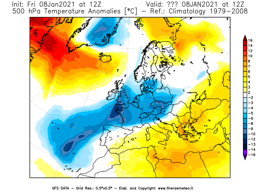 Mappa di analisi GFS - Anomalia Temperatura [°C] a 500 hPa in Europa
							del 08/01/2021 12 <!--googleoff: index-->UTC<!--googleon: index-->