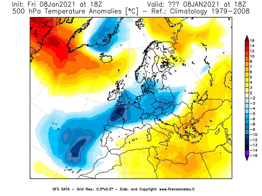 Mappa di analisi GFS - Anomalia Temperatura [°C] a 500 hPa in Europa
							del 08/01/2021 18 <!--googleoff: index-->UTC<!--googleon: index-->