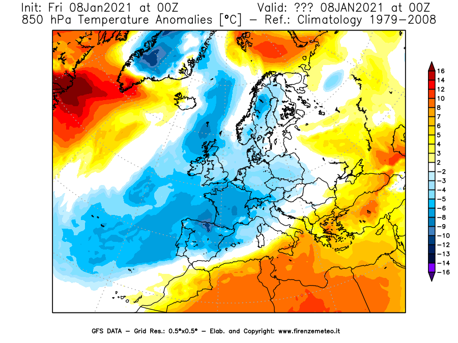 Mappa di analisi GFS - Anomalia Temperatura [°C] a 850 hPa in Europa
							del 08/01/2021 00 <!--googleoff: index-->UTC<!--googleon: index-->