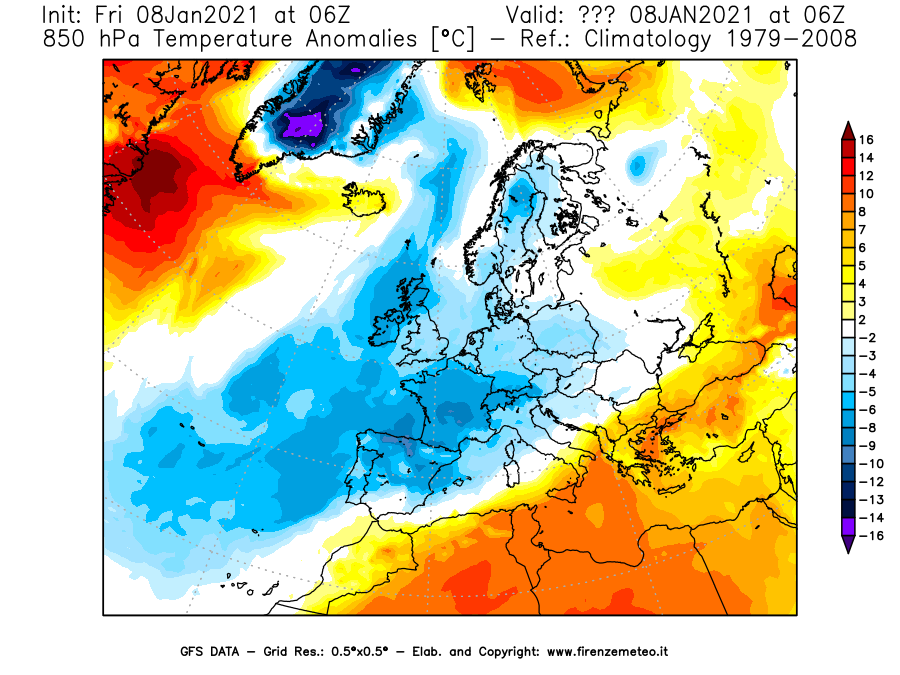 Mappa di analisi GFS - Anomalia Temperatura [°C] a 850 hPa in Europa
							del 08/01/2021 06 <!--googleoff: index-->UTC<!--googleon: index-->