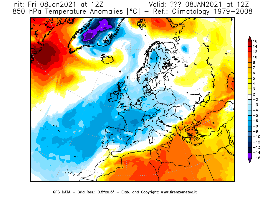 Mappa di analisi GFS - Anomalia Temperatura [°C] a 850 hPa in Europa
							del 08/01/2021 12 <!--googleoff: index-->UTC<!--googleon: index-->