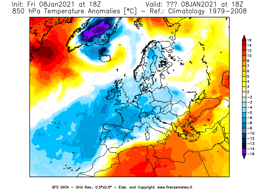 Mappa di analisi GFS - Anomalia Temperatura [°C] a 850 hPa in Europa
							del 08/01/2021 18 <!--googleoff: index-->UTC<!--googleon: index-->