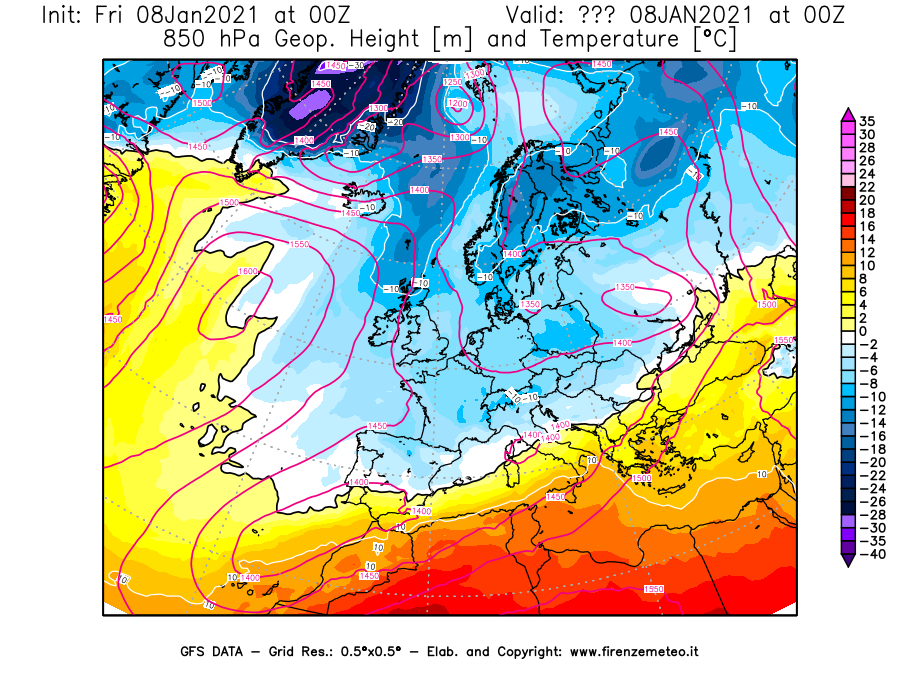 Mappa di analisi GFS - Geopotenziale [m] e Temperatura [°C] a 850 hPa in Europa
							del 08/01/2021 00 <!--googleoff: index-->UTC<!--googleon: index-->