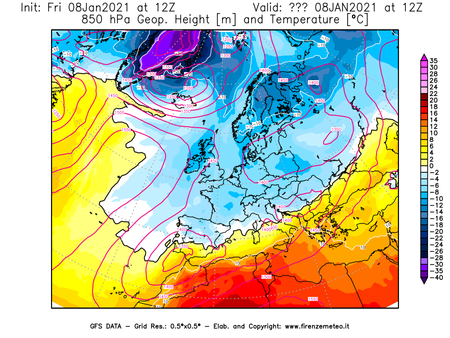 Mappa di analisi GFS - Geopotenziale [m] e Temperatura [°C] a 850 hPa in Europa
							del 08/01/2021 12 <!--googleoff: index-->UTC<!--googleon: index-->