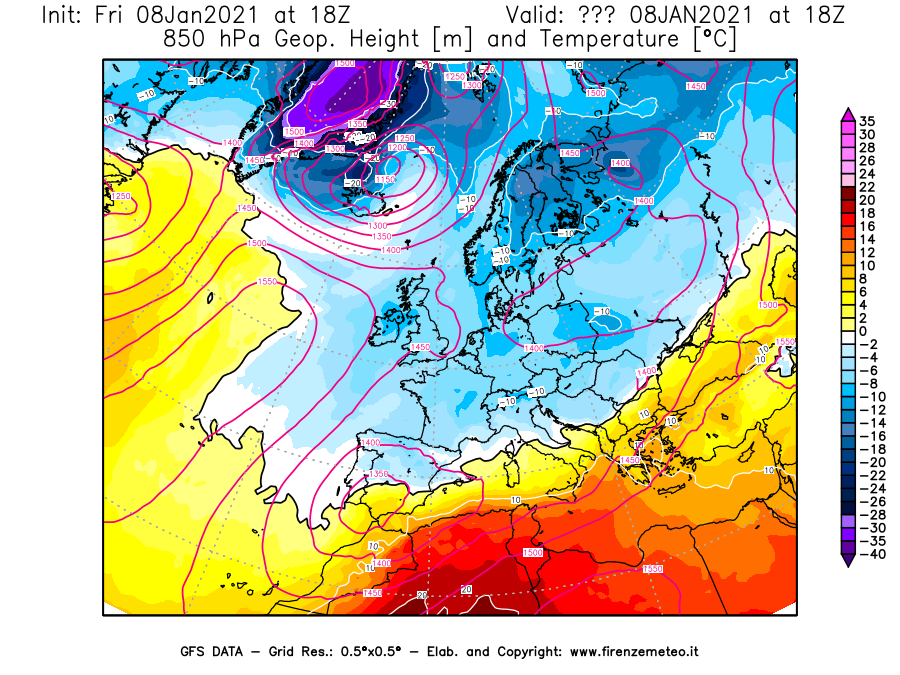Mappa di analisi GFS - Geopotenziale [m] e Temperatura [°C] a 850 hPa in Europa
							del 08/01/2021 18 <!--googleoff: index-->UTC<!--googleon: index-->