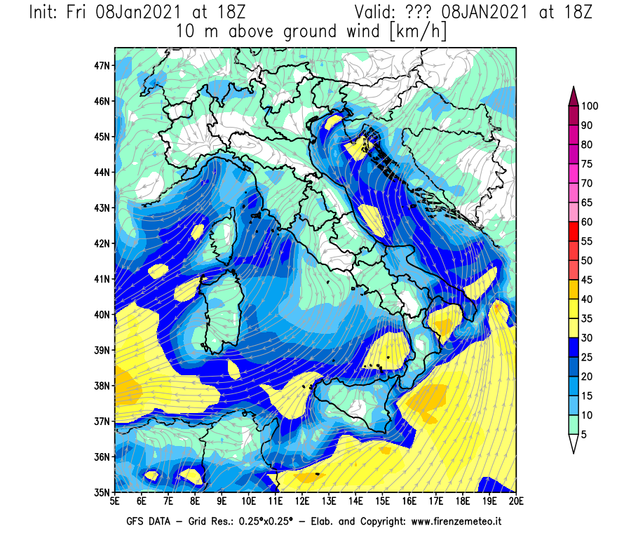 Mappa di analisi GFS - Velocità del vento a 10 metri dal suolo [km/h] in Italia
							del 08/01/2021 18 <!--googleoff: index-->UTC<!--googleon: index-->