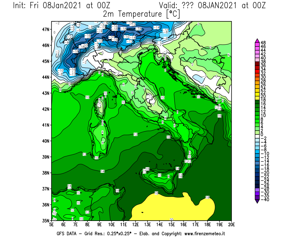 Mappa di analisi GFS - Temperatura a 2 metri dal suolo [°C] in Italia
							del 08/01/2021 00 <!--googleoff: index-->UTC<!--googleon: index-->