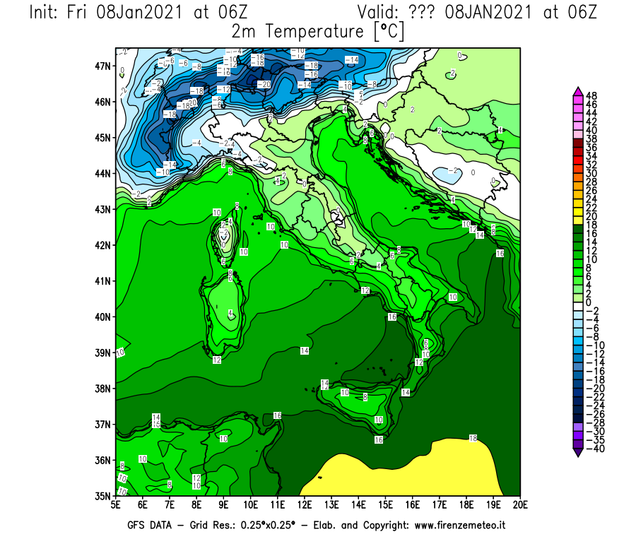 Mappa di analisi GFS - Temperatura a 2 metri dal suolo [°C] in Italia
							del 08/01/2021 06 <!--googleoff: index-->UTC<!--googleon: index-->