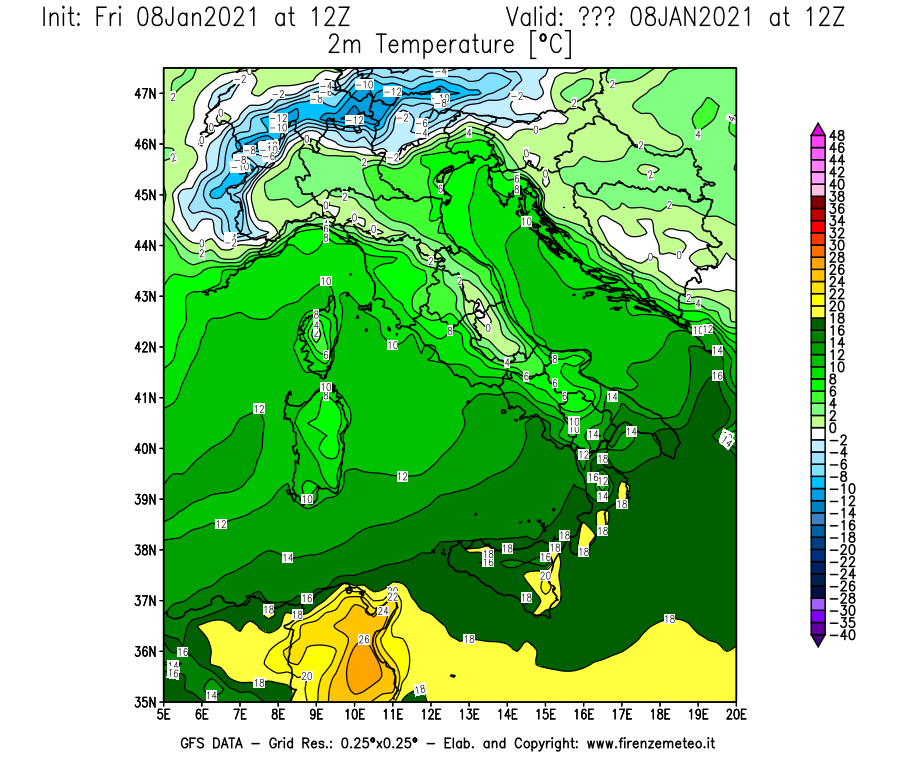 Mappa di analisi GFS - Temperatura a 2 metri dal suolo [°C] in Italia
							del 08/01/2021 12 <!--googleoff: index-->UTC<!--googleon: index-->