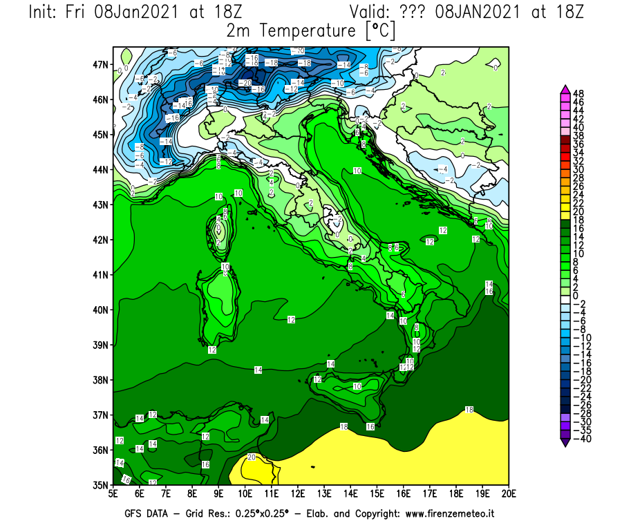 Mappa di analisi GFS - Temperatura a 2 metri dal suolo [°C] in Italia
							del 08/01/2021 18 <!--googleoff: index-->UTC<!--googleon: index-->