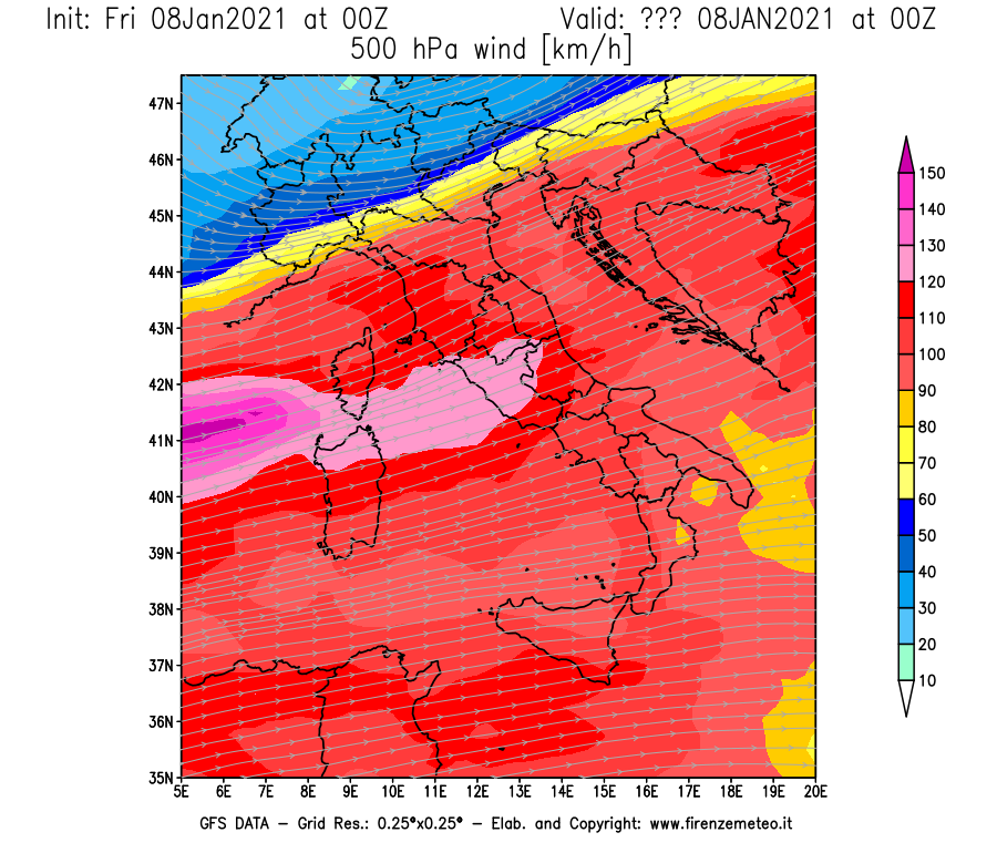 Mappa di analisi GFS - Velocità del vento a 500 hPa [km/h] in Italia
							del 08/01/2021 00 <!--googleoff: index-->UTC<!--googleon: index-->