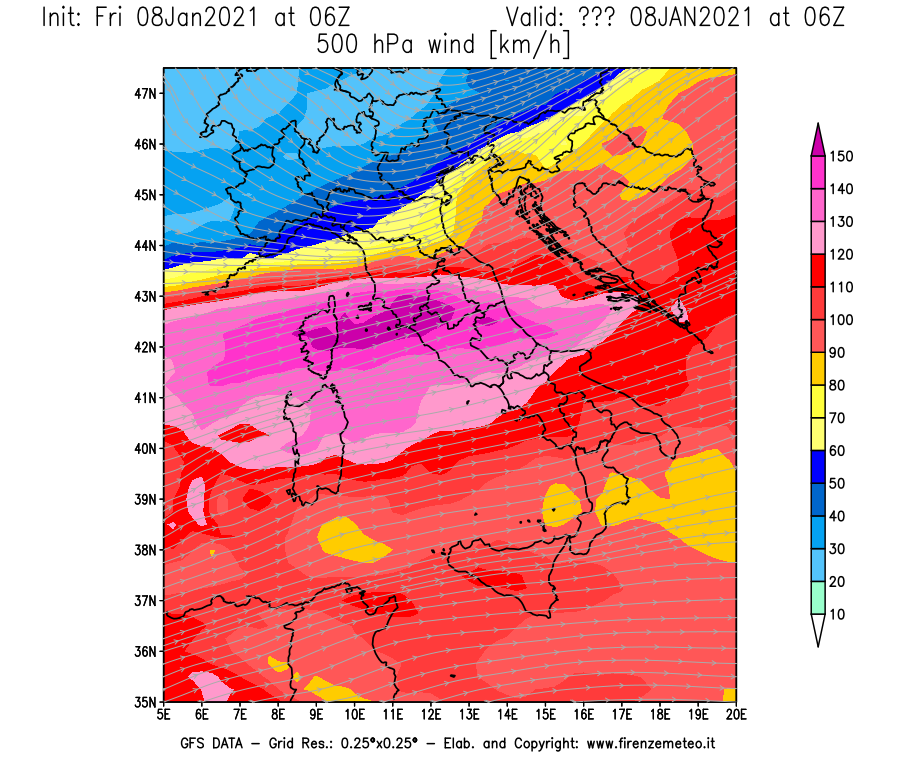 Mappa di analisi GFS - Velocità del vento a 500 hPa [km/h] in Italia
							del 08/01/2021 06 <!--googleoff: index-->UTC<!--googleon: index-->