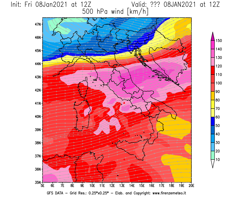 Mappa di analisi GFS - Velocità del vento a 500 hPa [km/h] in Italia
							del 08/01/2021 12 <!--googleoff: index-->UTC<!--googleon: index-->