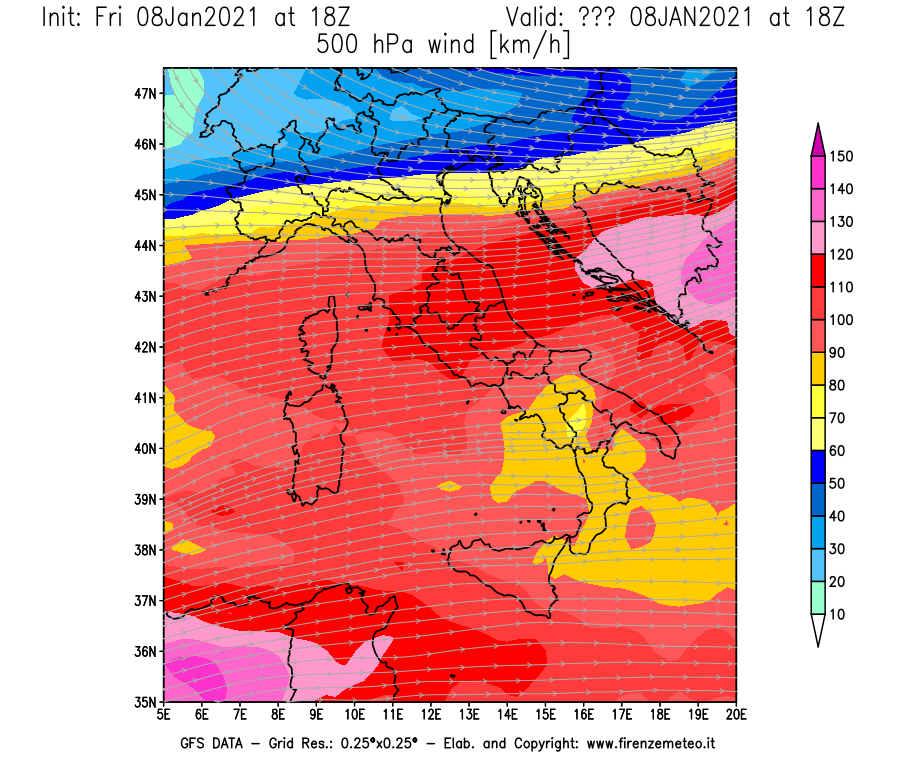Mappa di analisi GFS - Velocità del vento a 500 hPa [km/h] in Italia
							del 08/01/2021 18 <!--googleoff: index-->UTC<!--googleon: index-->