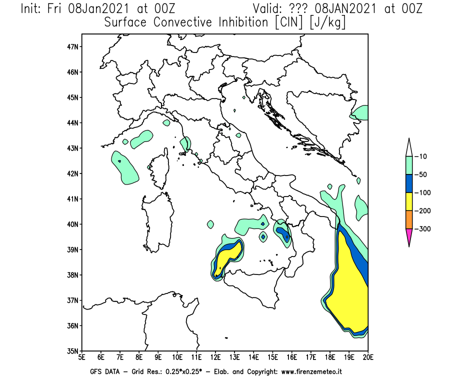 Mappa di analisi GFS - CIN [J/kg] in Italia
							del 08/01/2021 00 <!--googleoff: index-->UTC<!--googleon: index-->