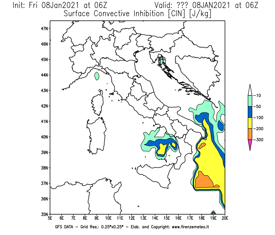 Mappa di analisi GFS - CIN [J/kg] in Italia
							del 08/01/2021 06 <!--googleoff: index-->UTC<!--googleon: index-->