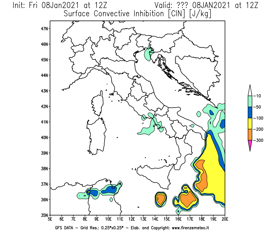 Mappa di analisi GFS - CIN [J/kg] in Italia
							del 08/01/2021 12 <!--googleoff: index-->UTC<!--googleon: index-->