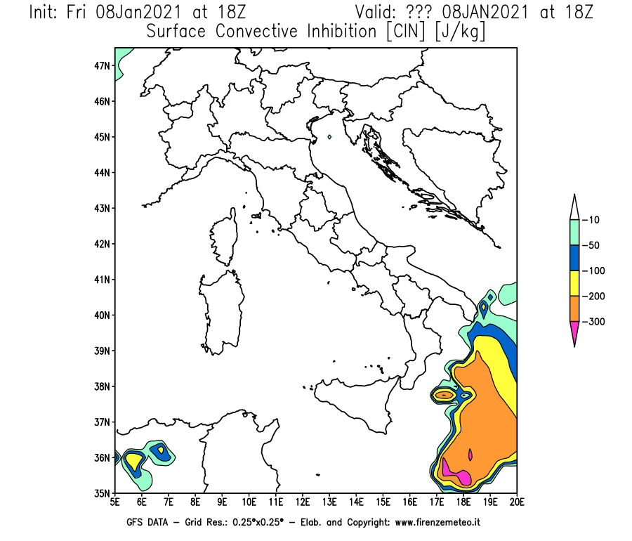 Mappa di analisi GFS - CIN [J/kg] in Italia
							del 08/01/2021 18 <!--googleoff: index-->UTC<!--googleon: index-->