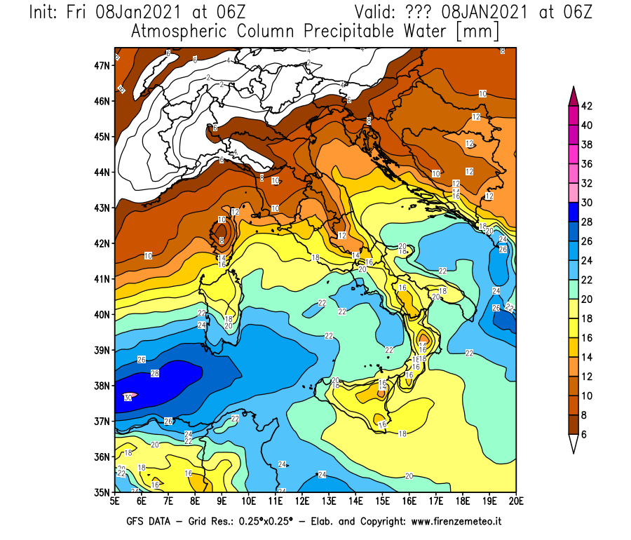 Mappa di analisi GFS - Precipitable Water [mm] in Italia
							del 08/01/2021 06 <!--googleoff: index-->UTC<!--googleon: index-->