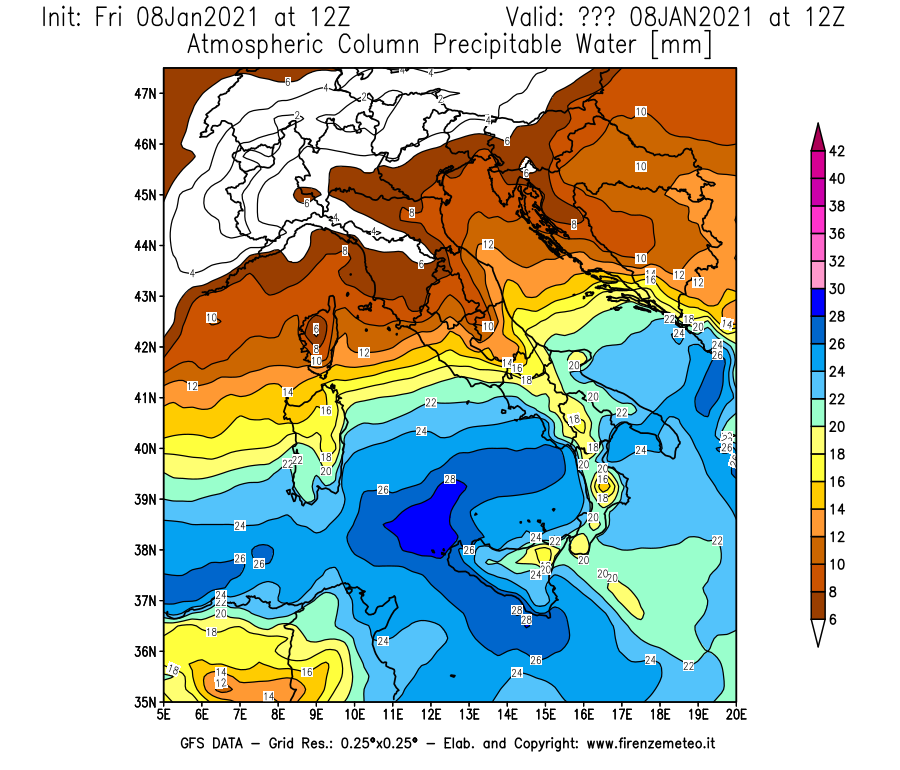 Mappa di analisi GFS - Precipitable Water [mm] in Italia
							del 08/01/2021 12 <!--googleoff: index-->UTC<!--googleon: index-->