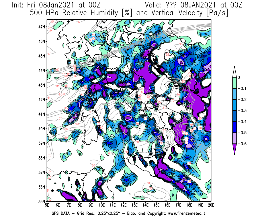 Mappa di analisi GFS - Umidità relativa [%] e Omega [Pa/s] a 500 hPa in Italia
							del 08/01/2021 00 <!--googleoff: index-->UTC<!--googleon: index-->