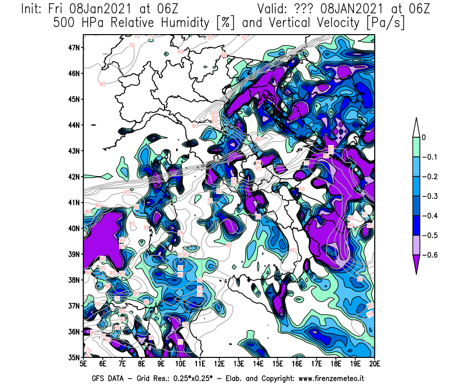 Mappa di analisi GFS - Umidità relativa [%] e Omega [Pa/s] a 500 hPa in Italia
							del 08/01/2021 06 <!--googleoff: index-->UTC<!--googleon: index-->