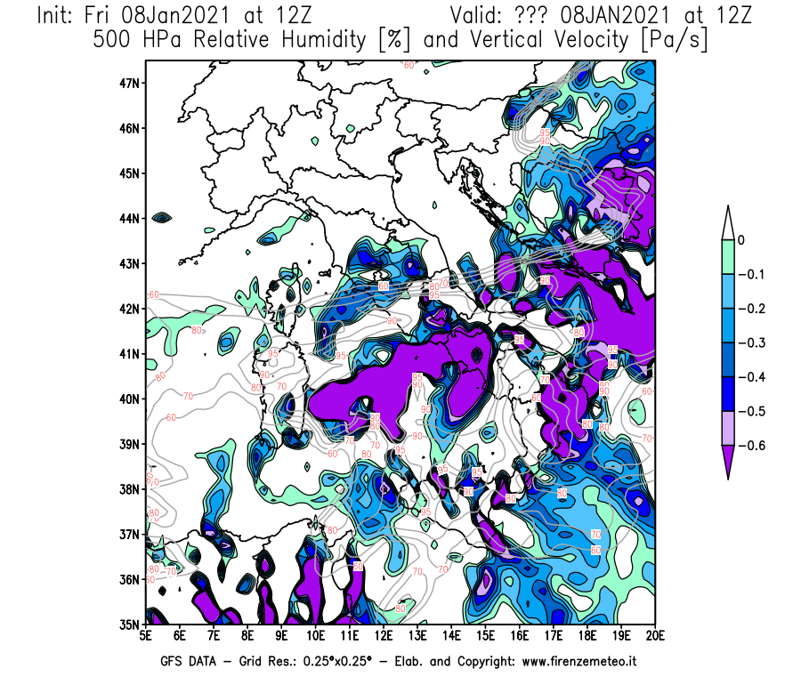 Mappa di analisi GFS - Umidità relativa [%] e Omega [Pa/s] a 500 hPa in Italia
							del 08/01/2021 12 <!--googleoff: index-->UTC<!--googleon: index-->