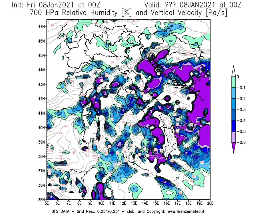 Mappa di analisi GFS - Umidità relativa [%] e Omega [Pa/s] a 700 hPa in Italia
							del 08/01/2021 00 <!--googleoff: index-->UTC<!--googleon: index-->