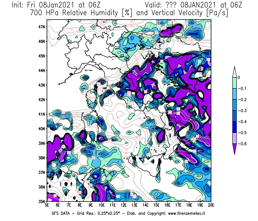 Mappa di analisi GFS - Umidità relativa [%] e Omega [Pa/s] a 700 hPa in Italia
							del 08/01/2021 06 <!--googleoff: index-->UTC<!--googleon: index-->