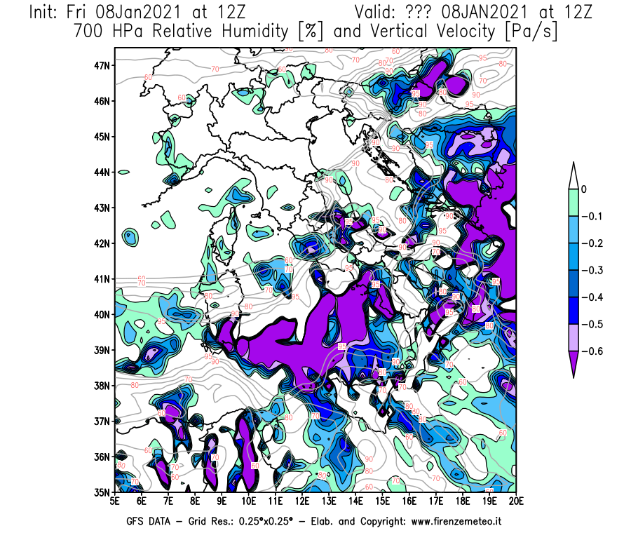 Mappa di analisi GFS - Umidità relativa [%] e Omega [Pa/s] a 700 hPa in Italia
							del 08/01/2021 12 <!--googleoff: index-->UTC<!--googleon: index-->