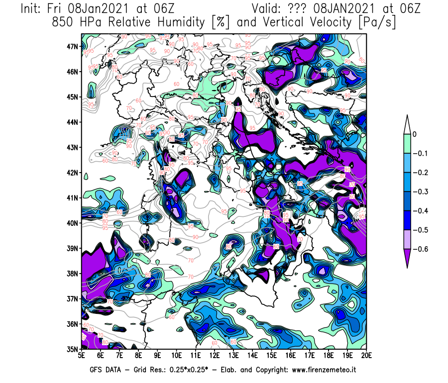 Mappa di analisi GFS - Umidità relativa [%] e Omega [Pa/s] a 850 hPa in Italia
							del 08/01/2021 06 <!--googleoff: index-->UTC<!--googleon: index-->