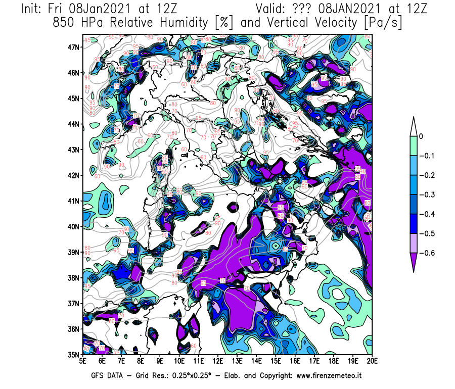 Mappa di analisi GFS - Umidità relativa [%] e Omega [Pa/s] a 850 hPa in Italia
							del 08/01/2021 12 <!--googleoff: index-->UTC<!--googleon: index-->