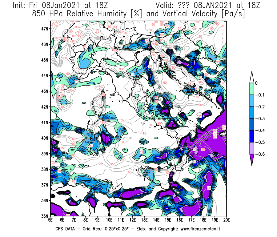 Mappa di analisi GFS - Umidità relativa [%] e Omega [Pa/s] a 850 hPa in Italia
							del 08/01/2021 18 <!--googleoff: index-->UTC<!--googleon: index-->