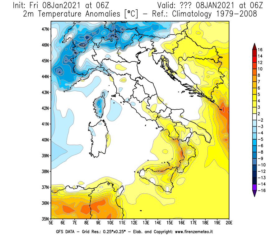 Mappa di analisi GFS - Anomalia Temperatura [°C] a 2 m in Italia
							del 08/01/2021 06 <!--googleoff: index-->UTC<!--googleon: index-->