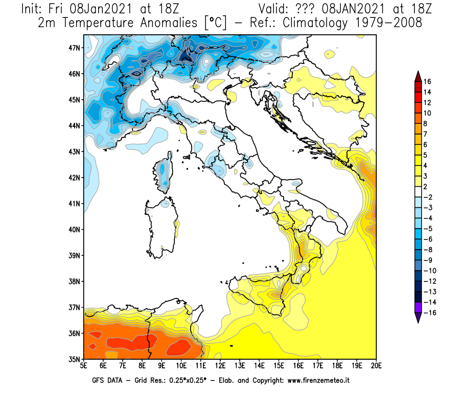 Mappa di analisi GFS - Anomalia Temperatura [°C] a 2 m in Italia
							del 08/01/2021 18 <!--googleoff: index-->UTC<!--googleon: index-->