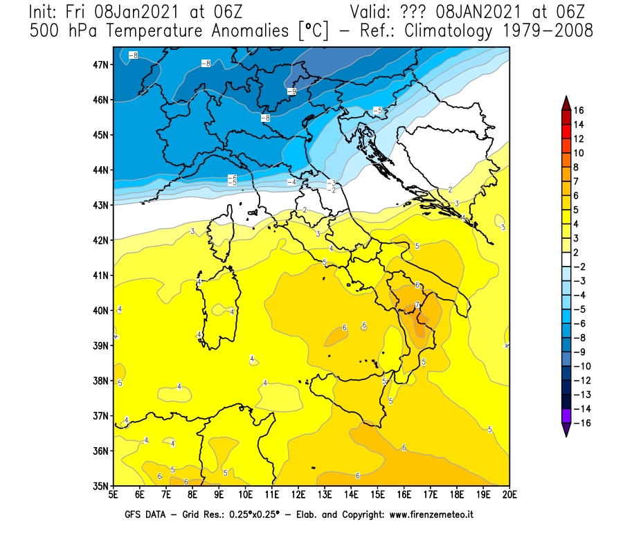 Mappa di analisi GFS - Anomalia Temperatura [°C] a 500 hPa in Italia
							del 08/01/2021 06 <!--googleoff: index-->UTC<!--googleon: index-->