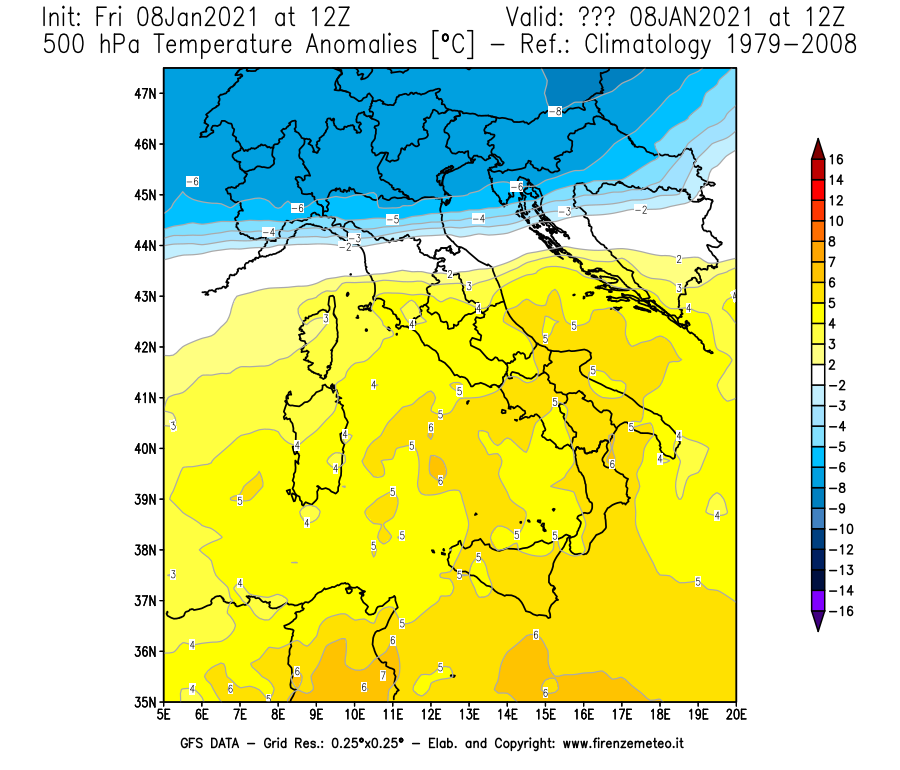 Mappa di analisi GFS - Anomalia Temperatura [°C] a 500 hPa in Italia
							del 08/01/2021 12 <!--googleoff: index-->UTC<!--googleon: index-->