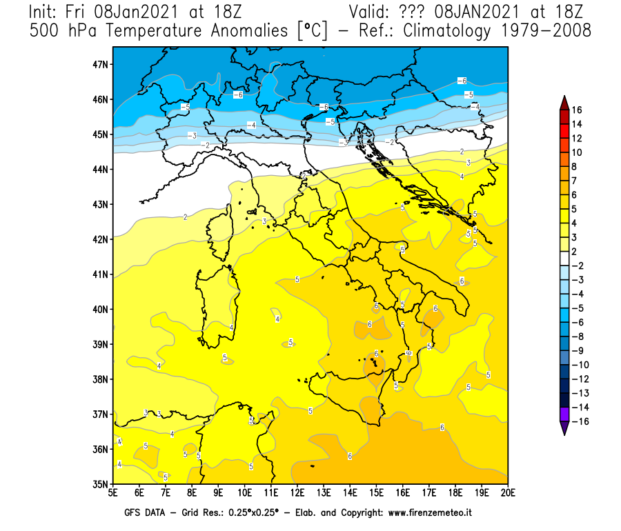 Mappa di analisi GFS - Anomalia Temperatura [°C] a 500 hPa in Italia
							del 08/01/2021 18 <!--googleoff: index-->UTC<!--googleon: index-->