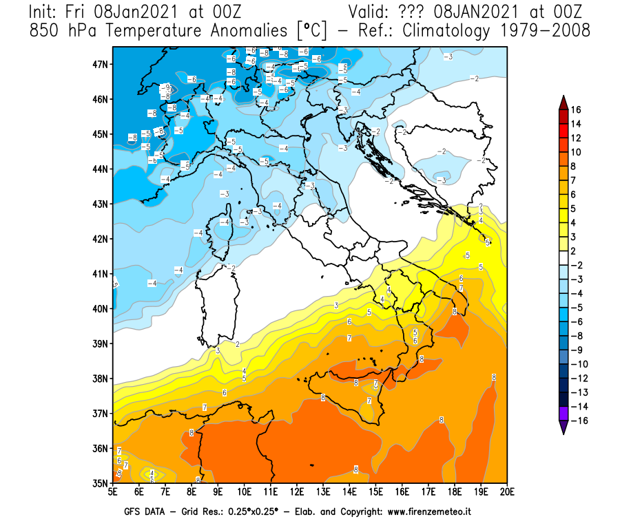 Mappa di analisi GFS - Anomalia Temperatura [°C] a 850 hPa in Italia
							del 08/01/2021 00 <!--googleoff: index-->UTC<!--googleon: index-->